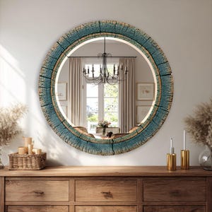 Round Glass Wall Mirror, Teal Weathered Wood Inspired Mirror, Rustic Bathroom Vanity Mirror, Coastal Wall Decor