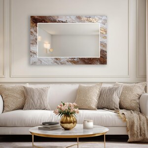 Beige Marble Tempered Glass Wall Mirror, Gold Texture Decorative Accent Mirror