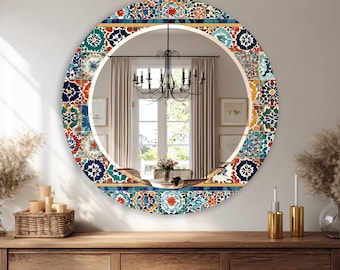 Specchio da parete in vetro a mosaico, decorazione per bagno in stile boho mediterraneo.