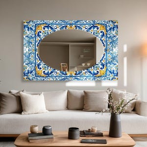 Rectangular Glass Wall Mirror, Blue White Tile Inspired Mirror, Oval Bathroom Vanity Mirror, Mediterranean Decor