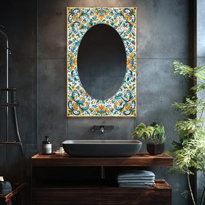 Rectangular Glass Wall Mirror, Yellow Teal Tile Inspired Mirror, Oval Center Mirror, Mediterranean Bathroom Decor