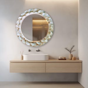 Glass wall mirror with soft white pearl inspired artwork for calm contemporary home decor