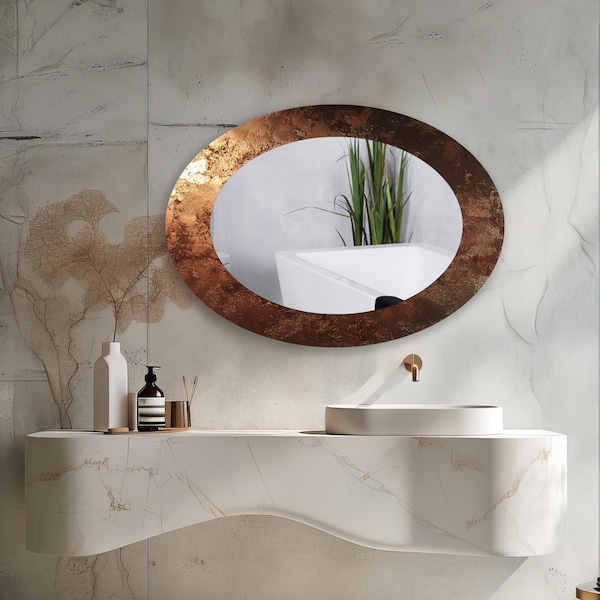 Oval Tempered Glass Wall Mirror, Copper Texture, Bathroom Decor, Modern Design