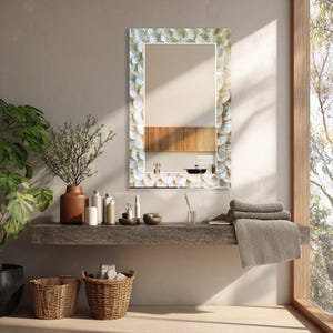 Decorative wide glass mirror with ivory, cream, beige, white, and soft pearl frame effect