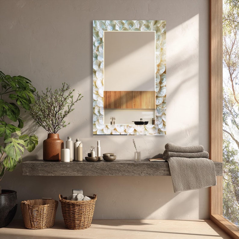 Decorative wide glass mirror with ivory, cream, beige, white, and soft pearl frame effect