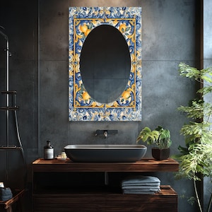 Rectangular Glass Wall Mirror, Blue Yellow Ceramic Tile Inspired Mirror, Oval Center Mirror, Mediterranean Entryway Decor