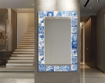 Espejo de cristal con azulejos portugueses azules, espejo de pared decorativo de vidrio templado, decoración para el hogar de estilo costero.