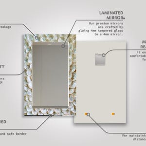 Horizontal glass wall mirror with cream mother of pearl inspired texture around the reflective center