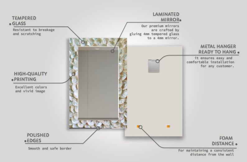 Horizontal glass wall mirror with cream mother of pearl inspired texture around the reflective center