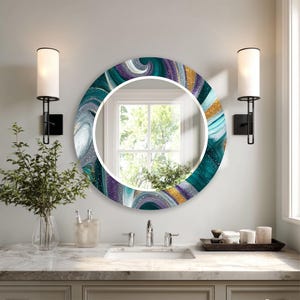 Espejo de pared abstracto de cristal verde esmeralda, espejo decorativo con remolinos dorados, espejo de tocador moderno de lujo, decoración artística para la pared del baño.