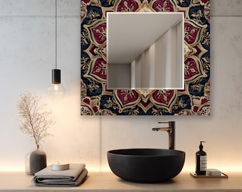 Specchio da parete in vetro temperato, con mandala floreale rosso e oro, quadrato, elegante decorazione per il bagno (50x50 cm).