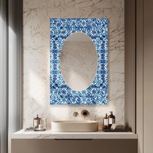 Rectangular Glass Wall Mirror, Blue White Tile Inspired Mirror, Oval Bathroom Vanity Mirror, Delft Style Decor
