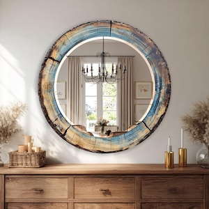 Round Glass Wall Mirror, Blue Wood Ring Inspired Mirror, Rustic Bathroom Vanity Mirror, Coastal Farmhouse Decor