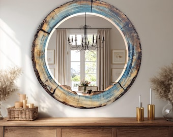 Runder Glaswandspiegel, Spiegel im Stil eines blauen Holzrings, rustikaler Badezimmerspiegel, Küsten-Landhausstil