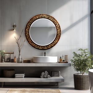 Round Glass Wall Mirror, Tribal Wood Inspired Mirror, Rustic Bathroom Vanity Mirror, Boho Farmhouse Decor