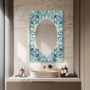Rectangular Glass Wall Mirror, Teal Floral Tile Inspired Mirror, Oval Center Mirror, Mediterranean Fireplace Decor