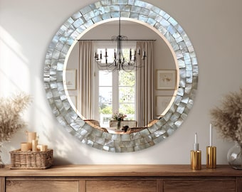 Round Glass Wall Mirror, Pearl White Mosaic Inspired Mirror, Luxury Bathroom Vanity Mirror, Neutral Decor