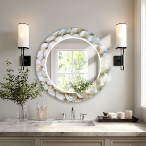 Rectangle glass mirror with white, cream, ivory, beige, and soft pearl shell effect details