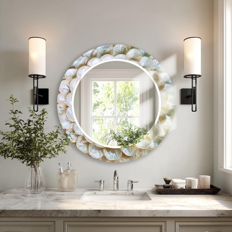 Rectangle glass mirror with white, cream, ivory, beige, and soft pearl shell effect details