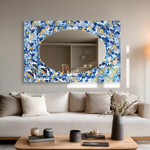 Rectangular Glass Wall Mirror, Blue Yellow Floral Tile Inspired Mirror, Oval Bathroom Vanity Mirror, Mediterranean Decor