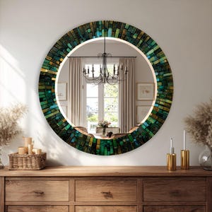 Espejo de pared redondo de cristal, espejo inspirado en mosaico verde esmeralda, espejo de tocador de lujo para baño, decoración de pared moderna