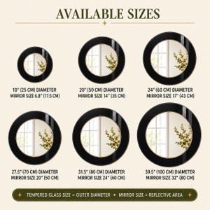 a collection of mirror sizes, including 10", 20", 24", and other sizes, along with their corresponding dimensions.
