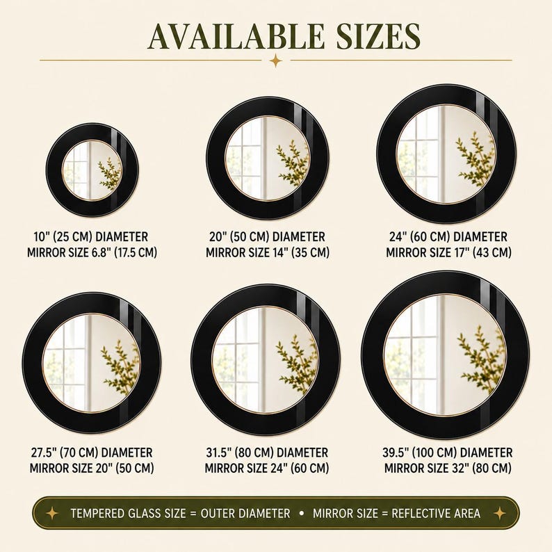 a collection of mirror sizes, including 10", 20", 24", and other sizes, along with their corresponding dimensions.