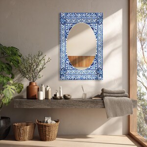 Rectangular Glass Wall Mirror, Blue White Tile Inspired Mirror, Oval Bathroom Vanity Mirror, Mediterranean Decor
