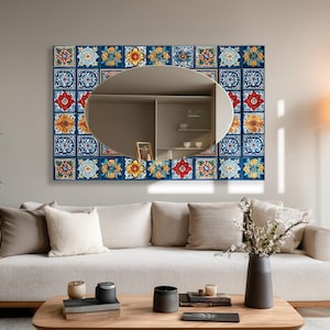 Rectangular Glass Wall Mirror, Blue Floral Tile Inspired Mirror, Oval Bathroom Vanity Mirror, Mediterranean Decor