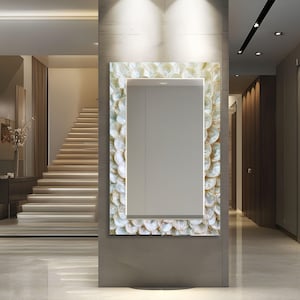 Wide rectangle glass wall mirror with white pearl shell effect design for luxury living room decor
