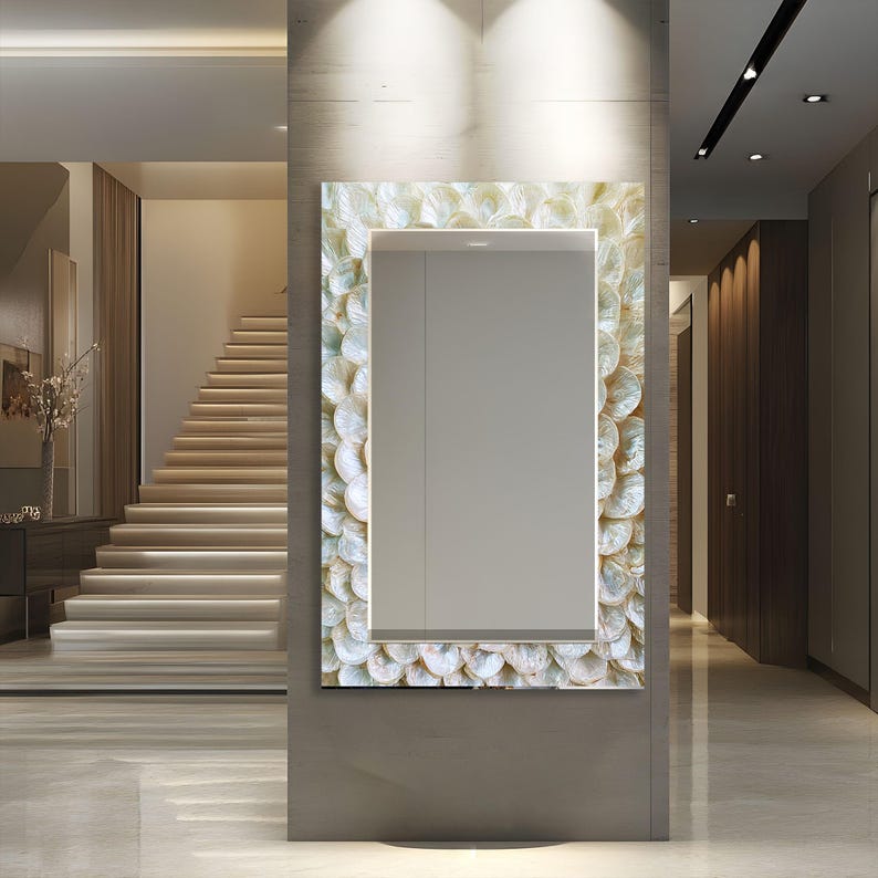 Wide rectangle glass wall mirror with white pearl shell effect design for luxury living room decor