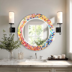 Round Mosaic Glass Mirror, Colorful Rainbow Vanity, Decorative Entryway Decor