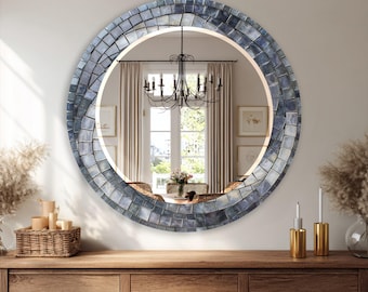 Round Glass Wall Mirror, Silver Grey Mosaic Inspired Mirror, Modern Bathroom Vanity Mirror, Neutral Wall Decor