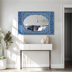 Rectangular Glass Wall Mirror, Blue White Tile Inspired Mirror, Oval Center Mirror, Mediterranean Fireplace Decor