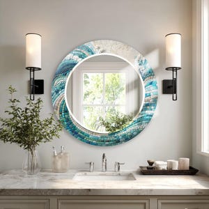 Round Glass Wall Mirror, Aqua Coastal Mosaic Inspired Mirror, Bathroom Vanity Mirror, Ocean Wave Wall Decor