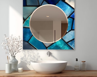 Blue Mosaic Glass Wall Mirror, Modern Geometric Decorative Mirror, Horizontal Vanity Mirror, Luxury Bathroom Wall Decor