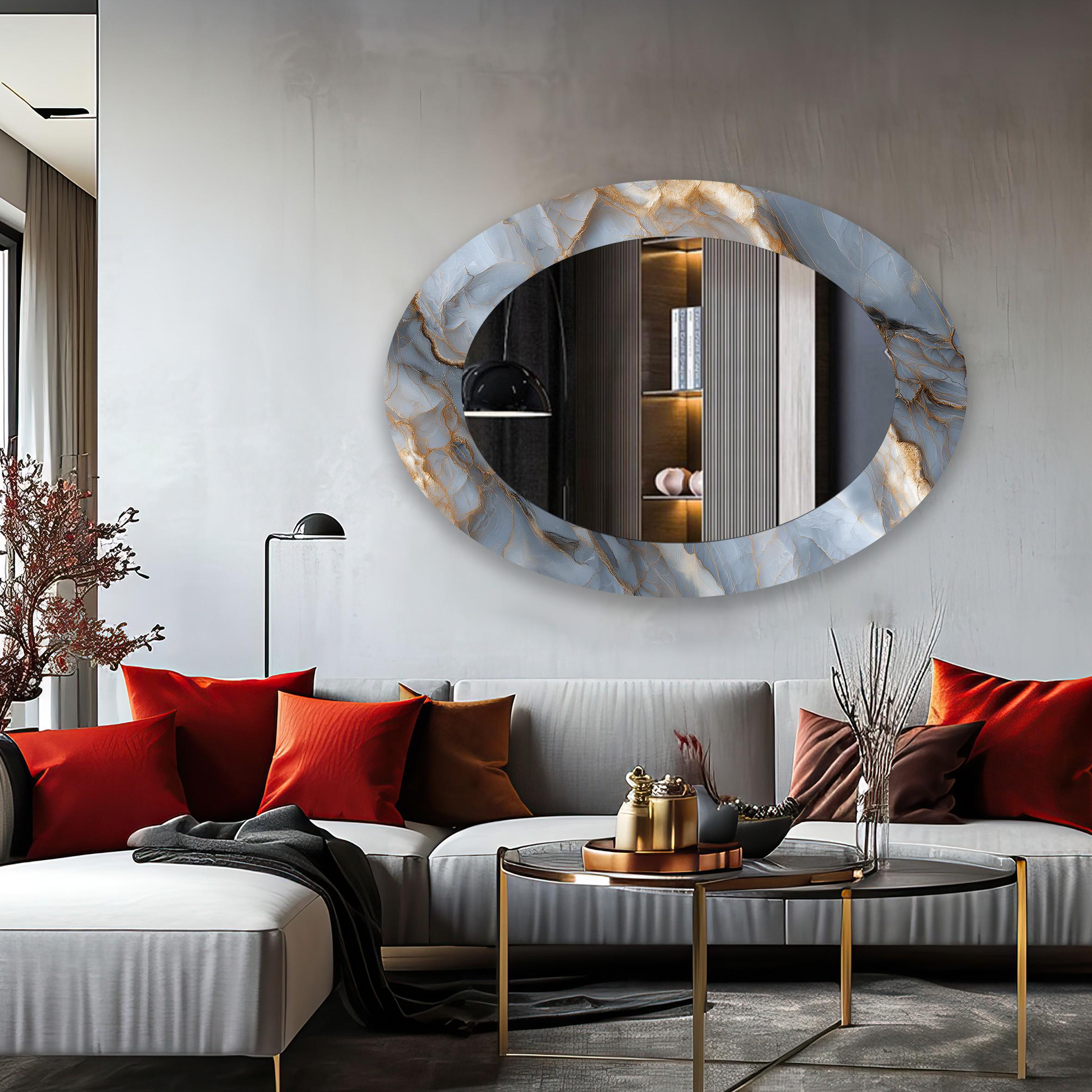 Oval Tempered Glass Mirror, Blue Marble Gold Vein Design, Modern ...