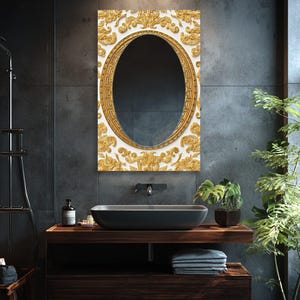 Ornate Oval Mirror, Rectangular Tempered Glass Frame, Luxury Vanity Decor