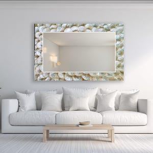Unique glass wall mirror with white shell effect artwork for hallway, bedroom, or living room decor