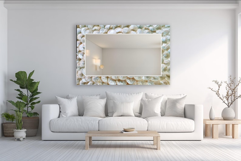Unique glass wall mirror with white shell effect artwork for hallway, bedroom, or living room decor
