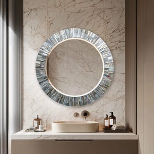 Round Glass Wall Mirror, Pearl Mosaic Inspired Mirror, Modern Bathroom Vanity Mirror, Coastal Luxury Wall Decor