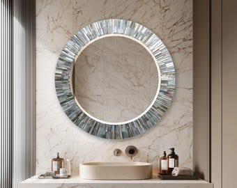 Round Glass Wall Mirror, Pearl Mosaic Inspired Mirror, Modern Bathroom Vanity Mirror, Coastal Luxury Wall Decor