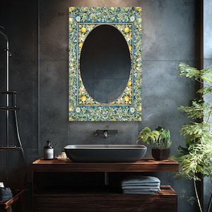 Rectangular Glass Wall Mirror, Blue Yellow Floral Tile Inspired Mirror, Oval Center Mirror, Mediterranean Wall Decor
