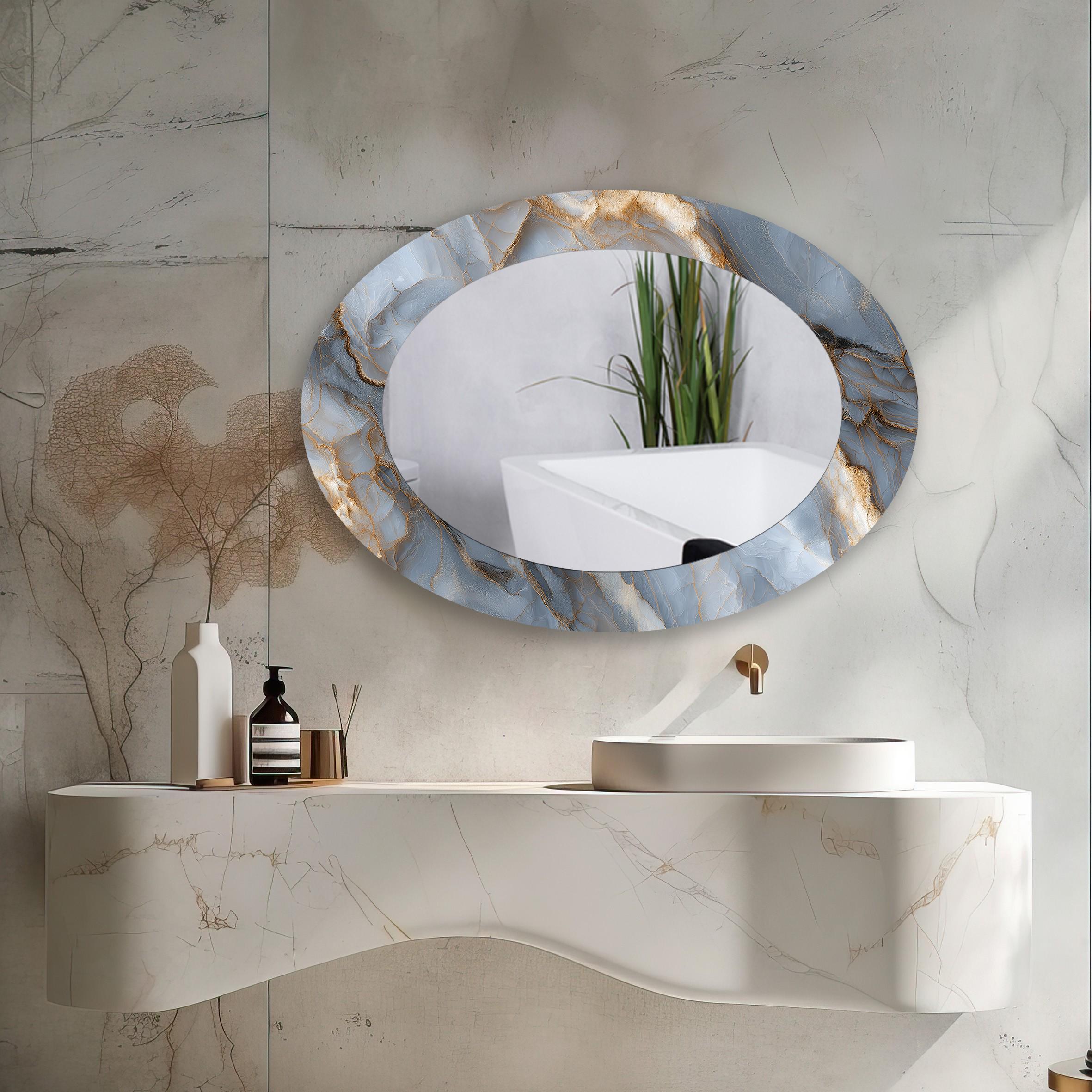 Oval Tempered Glass Mirror, Blue Marble Gold Vein Design, Modern ...