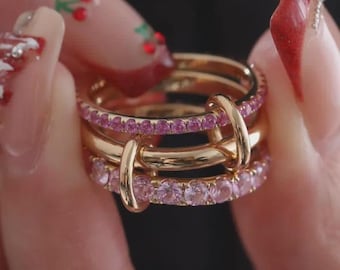 14K Solid Gold Pink Sapphire Interlocking Loop Ring, Triple Link Stacking Ring, Minimalist Buckle Style Ring, Statement Eternity Linked Ring