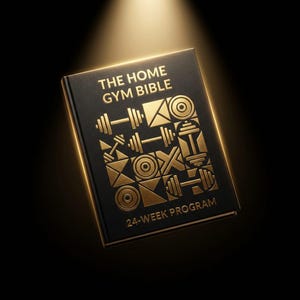 May include: A black book with gold lettering and graphics, titled "THE HOME GYM BIBLE". The cover features dumbbell and fitness equipment designs, with the text "24-WEEK PROGRAM".