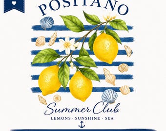 Positano Summer Club PNG, Coastal Lemon PNG, Amalfi Coast Sublimation, Italian Summer Shirt Design, Mediterranean Beach Vacation Graphic