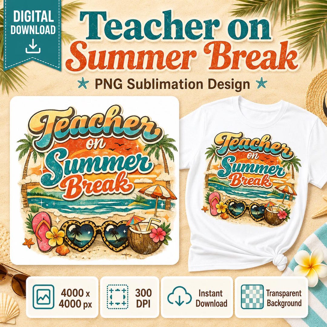 Teacher on Summer Break PNG, Retro Sunset Beach Teacher Sublimation ...
