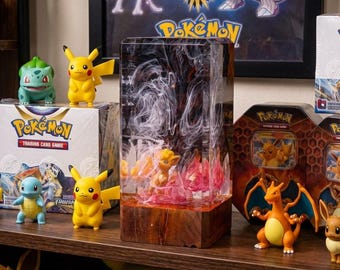 Elige tu lámpara de noche Pokémon, lámpara de resina y madera de anime personalizada, colección de dioramas de monstruos de bolsillo, decoración para sala de juegos, arte epoxi personalizado