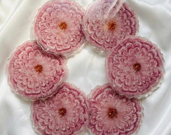 Handmade Pink Layered Flower Resin Coaster Set, Unique 3D Floral Drink Coaster with Gold Glitters, Aesthetic Home Decor, Mother's Day Gift
